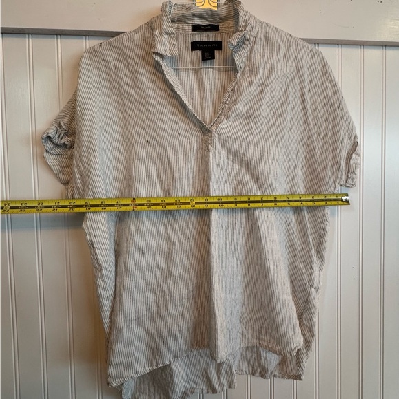 LINEN 100% TAHARI Striped Women's Tunic Shirt Top Size M Short Sleeve Loose Fit - Picture 8 of 11
